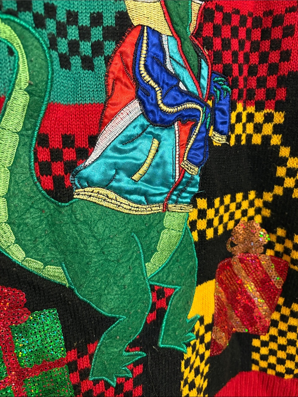 Ugly Christmas Dino Patch Multicolor Checker Sweater - Picture 3 of 11